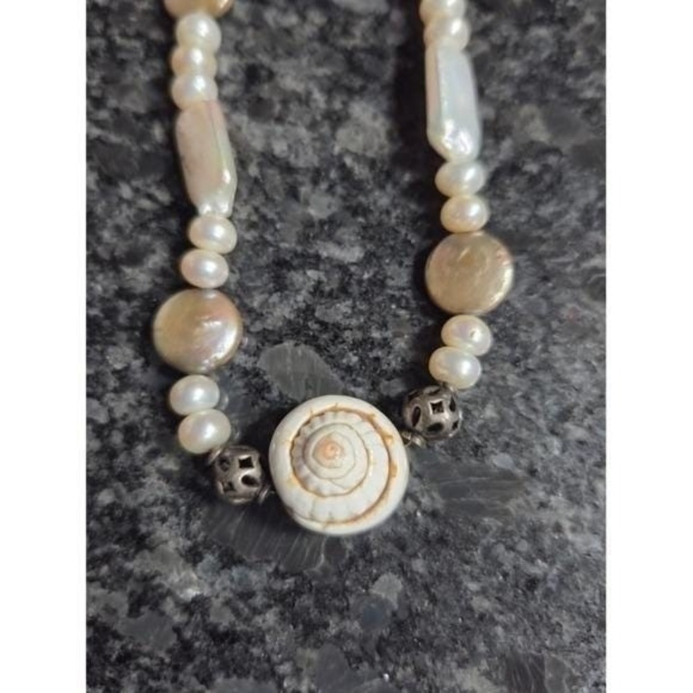 Vintage Artisan 925 Sterling Silver Freshwater Pearl & Shiva Eye Shell Necklace